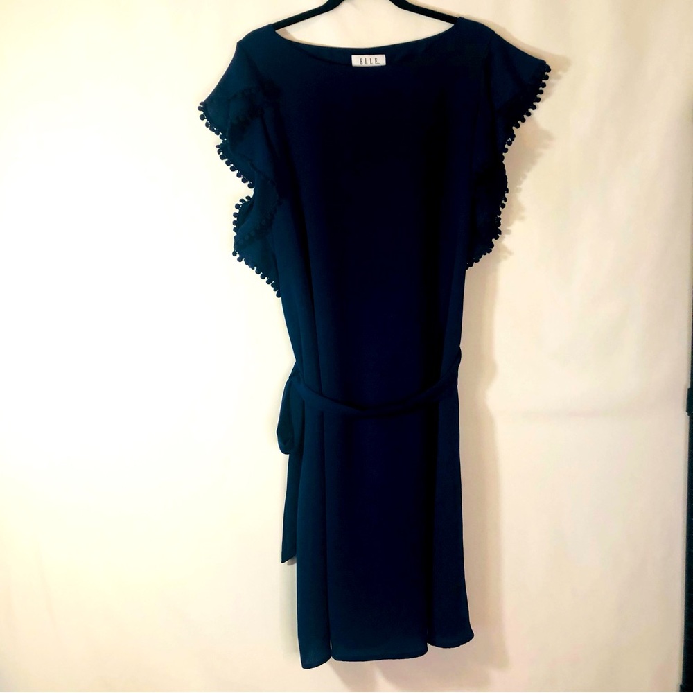 Elle MIDI Navy Blue Dress Size XL cap Sleeve Pom Pom Trimming